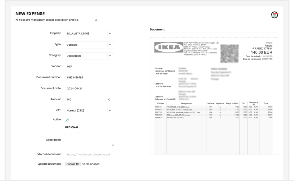 Expenses and costs management alojamento local